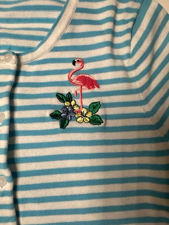 Talbots Blue and White Striped Button-Up Cardigan with Flamingo Embroidery - Picture 3 of 6